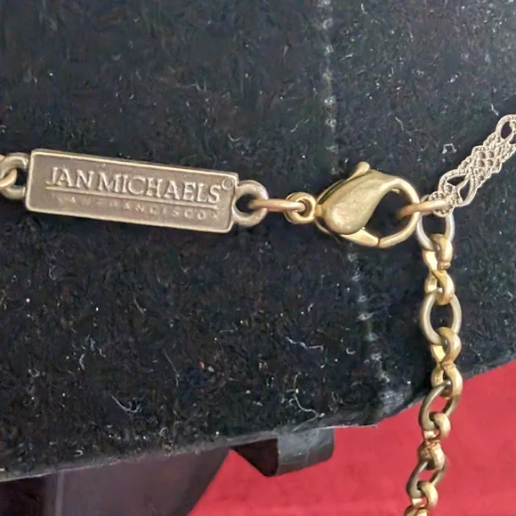 JAN MICHAELS San Francisco Long Artisan Brass Black Stone Necklace Art Deco - Picture 3 of 7